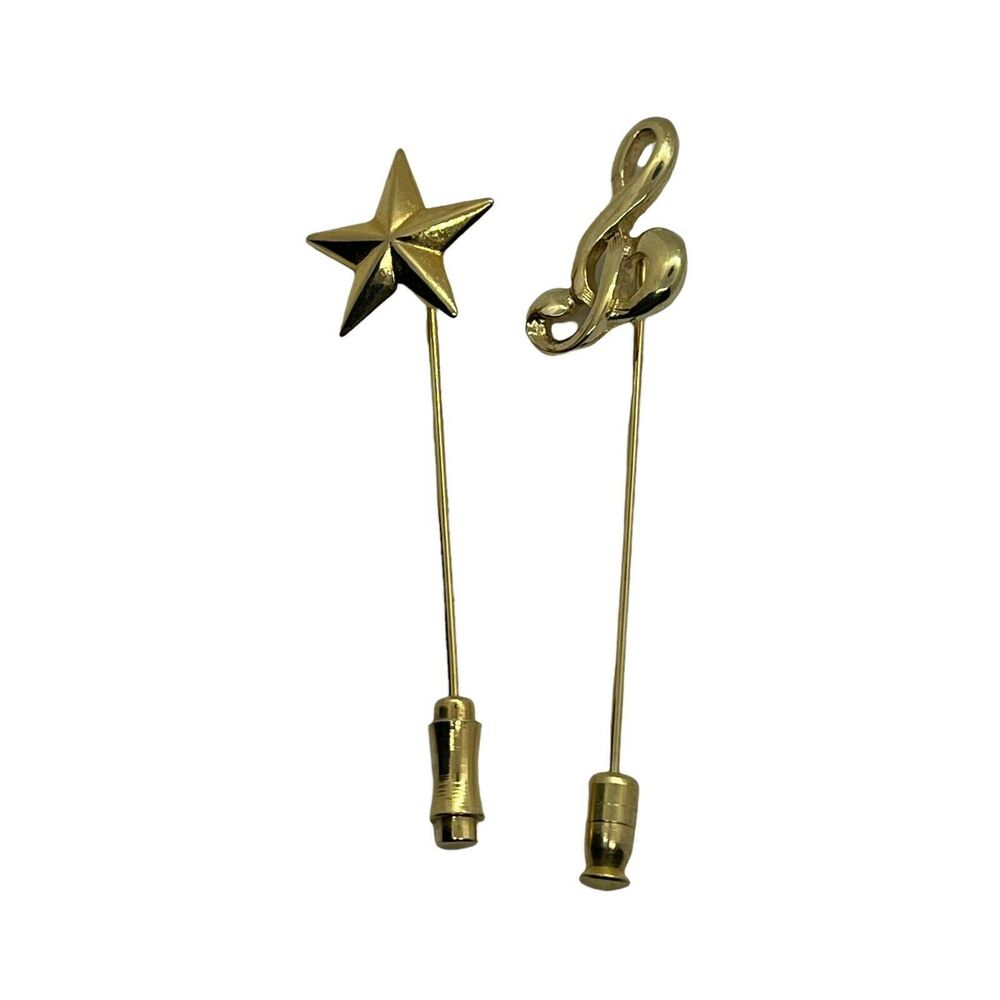 Star Treble Clef Music Lapel Stick Pin Retro Women's Gold Tone Classic Set Of 2